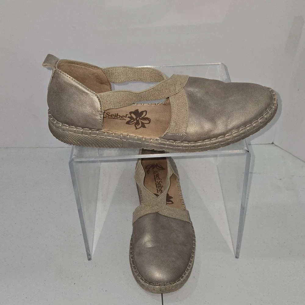 Josef Seibel Womens 40 Metallic Gold Leather Elastic Strap Espadrille Flat AC898